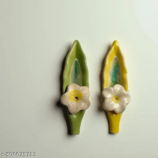 Kraftlik Handicrafts Leaf Ceramic Incense Stick Holder | Stylish Leaf-Shaped Agarbatti Stand for Pooja & Home Décor – Decorative Ceramic Showpiece Set of 2 (YELLOW-GREEN)