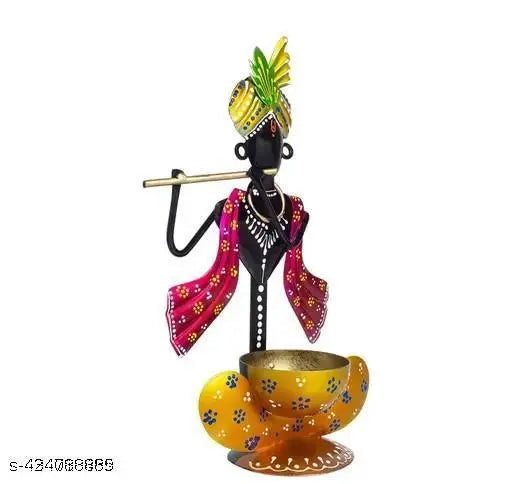 KRISHNA IDOL - RED & YELLOW HANDPAINTED MULTICOLOURED DECORATIVE DIVINE LORD KRISHNA CANDLE TEALIGHT HOLDER