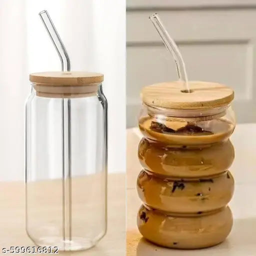 Premium Quality Can AND Ring Shape Glass 500 ml With Wooden Lid and Straw For Coffee, Smoothies, Milk Shake and Many More