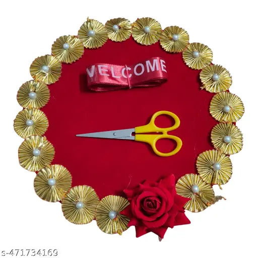 Mamta collection Welcome Ribbon Cutting Thali | Puja Thali for Wedding | Welcome Platter with Welcome Ribbon | Tray for Wedding | Welcome Puja Thali (Design-1)