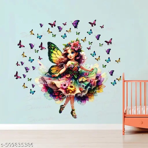 Trendy Fairy Surrounded by Colorful Butterflies in Bright Artistic Scene Wall Decoration Home  Decor Wall sticker Multicolor ( ideal size on wall: 30 x 25.5 Icnh )
