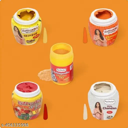 Hari Darshan Chandan Tika Combo Pack of 5 | Pure Sandalwood Paste | Chandan Kesar Tika | Ashtagandha Tika | Kumkum Roli | White Tika Tilak | For Daily Pooja and Hawan