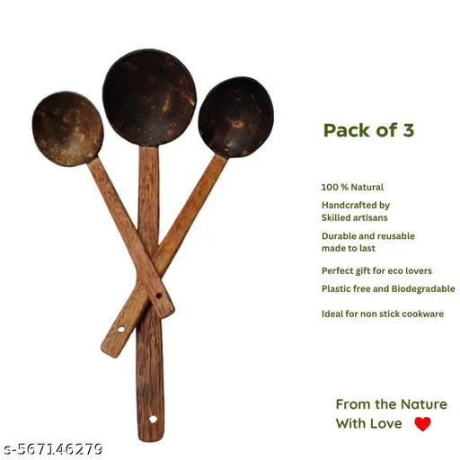 Natural Eco Friendly Coconut Shell Ladle Set (Pack of 3) | Chiratta Thavi | Kerala Handcrafted Kitchen Utensils | Ideal for Non Stick Cookware