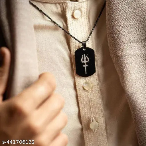 Lord Shiva Trishul Micro-Carved Pendant Necklace | Black Stainless Steel Trident Locket with Om Symbol | Unisex Spiritual Jewelry