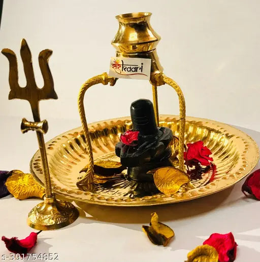Sanskaari  | Black Marble Shivling /Shivling with Brass Plate | Kalash with Stand | Trishul Brass for Home Puja, Temple | Black Shivling | Shivling idol | Shivalingam Stand | Shivalingam Statue | Shivalinga for Puja | Shivling for Puja | Kalash Lota | Shi