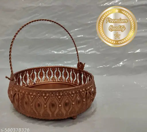 New Puja Metal Basket Copper Finished Round Shape/Puja Basket/Tokri/Kandi/With Handle/dalia/Puja item/Gift hamper/ By EVER TRENDS
