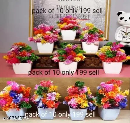 Artificial Flowers/Plant with Pot and Cute Bird on Top for Home Decor, Living Room, Balcony, Indoor/Outdoor Pack of 10