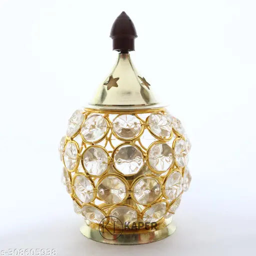 KAPER Brass Crystal Diya Set of 2 for Pooja and Diwali Decoration Office Desk Table Decor (4.5 inches)