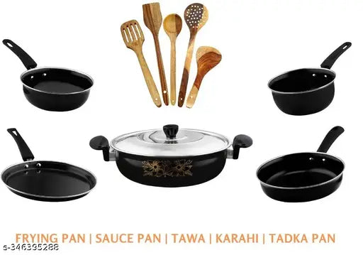 Induction kitchen cookware/Baskeware set, pack of 11 pcs (Kadai, Steel Dhakkan/Lid, Fry pan, Sauce Pan, Tadka Pan, Tawa & 5 wooden Spectula)