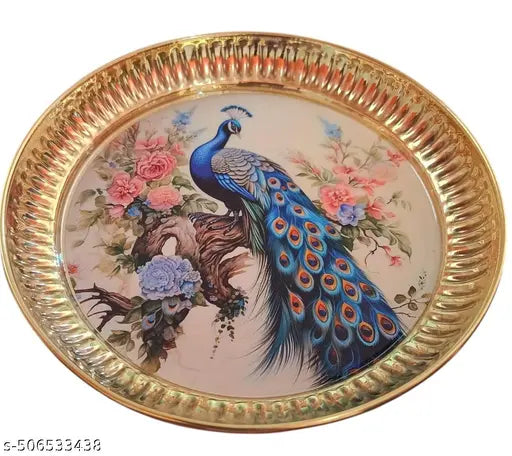 SriMaa Ventures Multicolor Peacock on Brass Plate  for Aarti,  Bhog Prasadam, Pooja Ghar, Religious & Cultural Festivals