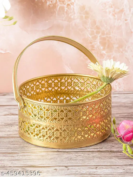 ET Expo-Trends® Flower Basket | Pooja Basket with Handle | Dolchi Basket for Puja Brass Traditional Round Shape Pooja Basket/Pooja Dalia (8 Inch)