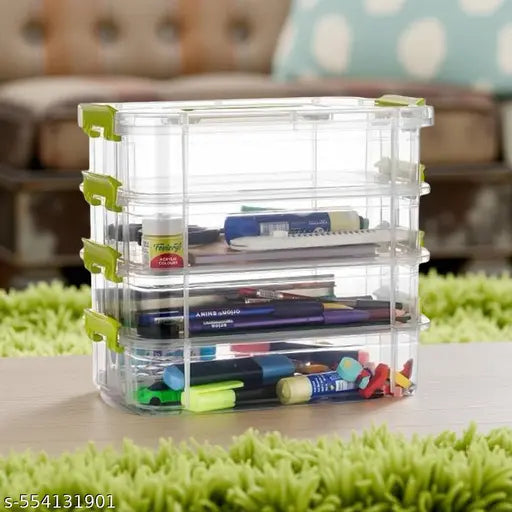4 Layer Plastic Storage Containers with Lids, Multipurpose Clear Stack & Carry Box, Portable Craft Organizers, and Storage Bin for Organizing Arts & Crafts, Sewing, stationery box,(MultiColor)
