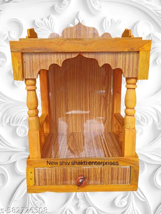 Ram Ji Handcrafted Brown Wooden Temple with Drawer – Compact 45x32x22 cm Pooja Mandir