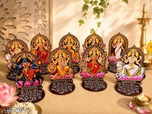 Navdurga Wooden Standee Set of 9 | 9 Forms of Maa Durga | 4 Inch MDF Table Top Idols | Navratri Pooja Room & Home Decor