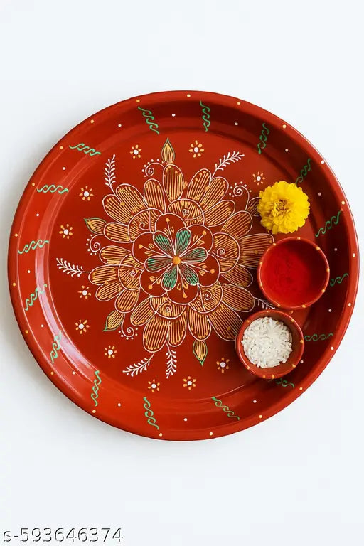 Grest Handcrafted 11 Inches Red Pooja Thali with Floral Design and Two Kumkum Bowls – Decorative Plate for Festivals & Rituals