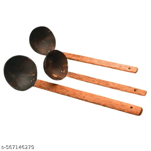 Natural Eco Friendly Coconut Shell Ladle Set (Pack of 3) | Chiratta Thavi | Kerala Handcrafted Kitchen Utensils | Ideal for Non Stick Cookware