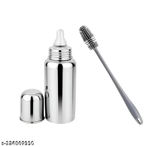 SHOPNJOY Stainless Steel 304 Grade New Born Baby Feeding Bottle 250ml for Milk / Water Feeding with Internal Matt Finish Cleaning Brushes(1 bottle+1 brush )Pack of 1