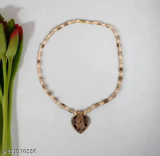 Wooden Radha krishna locket with Wood Kanthi Mala tulsi beads (Wood mala)