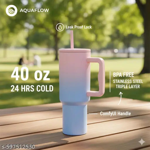 Insulated Travel Mug with Handle and Straw Stainless Steel Large Capacity Coffee & Cold Drink Cup, Leak-Resistant Lid for Office, Home, Gym & Travel Use (40 oz, Pink & Blue )