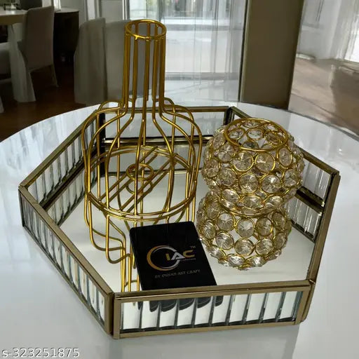 IAC Crafteriaaa Hexagon Glass Tray with Brass Rim and Mirror Base, Makeup Tray for Home Decor Jewelry Organiser, Vanity Organizer for Accent Table (10×10×1.5 inches)