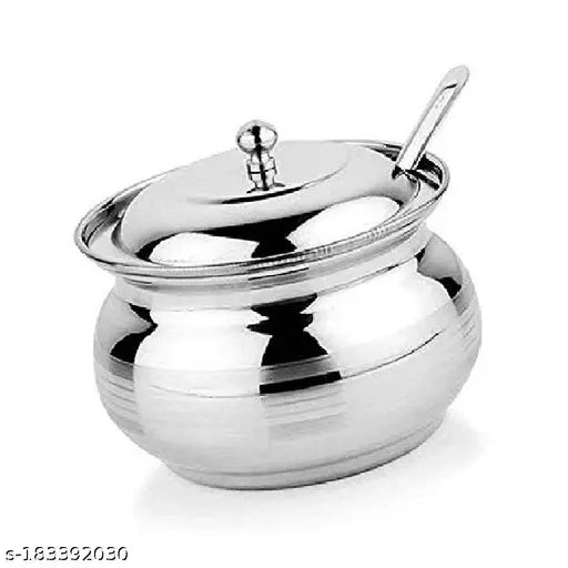 Stainless Steel Ghee Pot With Big Spatula Only and Wooden Rai and Gift , Pack of 3