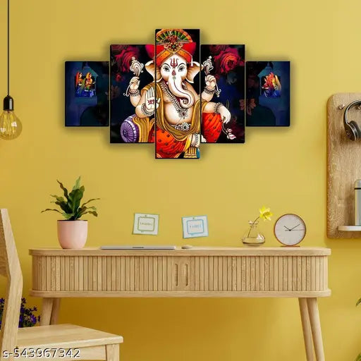 Spiritual Ganesh Home Decor Digital Reprint Painting 30x18 inches (5 Panel Painting)
