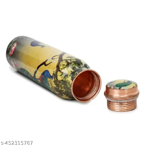 Beautiful Pure Copper Water Bottle 1 Litre Leakproof Peacock Meena | BPA Free | 100% Leak Proof | Office Bottle | Gym Bottle | Home | Kitchen | Travel Bottle | Hiking | Treking Bottle (10.5 X 3 Inches)