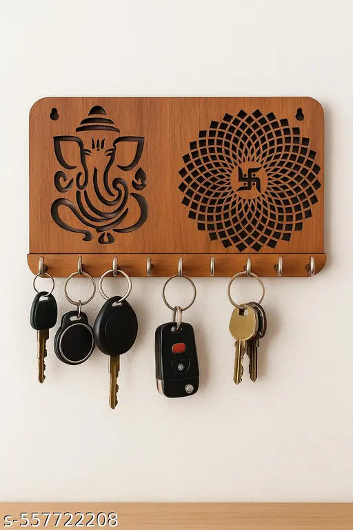 KashishCraft MDF Wooden Ganesha Key Holder for Wall | Swastik Mandala Design | 9 Hooks Key Stand | 24x14 cm | Brown Finish | Pack of 1