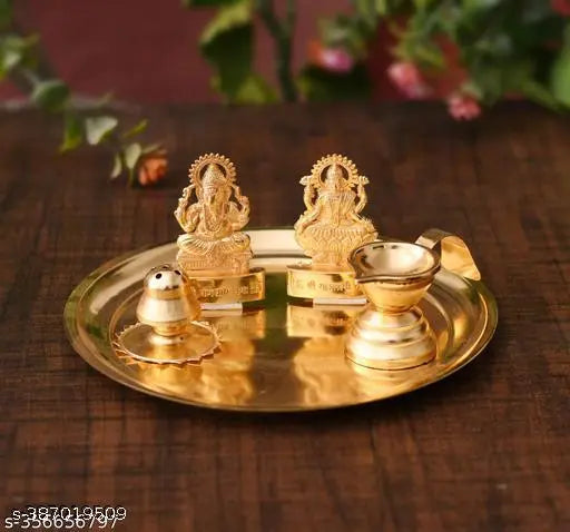 Sanskaari | Diwali Combo Set Metal Pooja Thali Set with Incense Holder and Laxmi and Ganesha Idol for Diwali Pooja | Diwali puja Items. Color - Golden