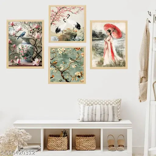 Premium Nature Japanese Style Pictures with Frame set for Wall decoration- Paintings for Home office decor (10x13 inch, small)