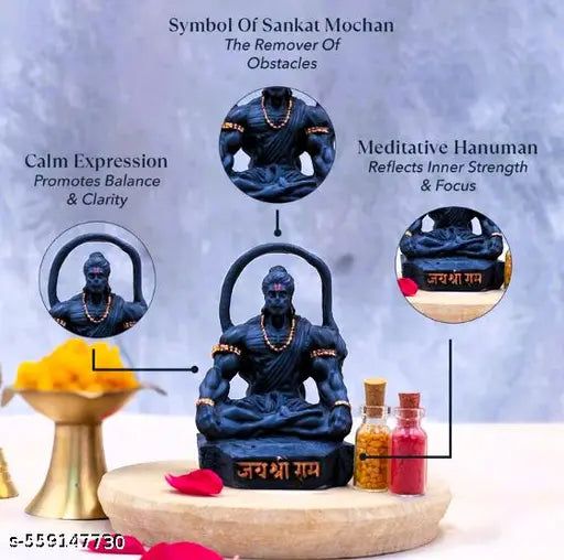 Hanuman Ji Idol for Car & Home Decor | Jai Shree Ram Murti | Black Bajrangbali Idol in Meditation Pose | Sankat Mochan God Idol for Office Table | Religious Hanuman Statue for Dashboard | Puja Room God Figurine | Spiritual Hanuman Idol Gift | Good Luck Id