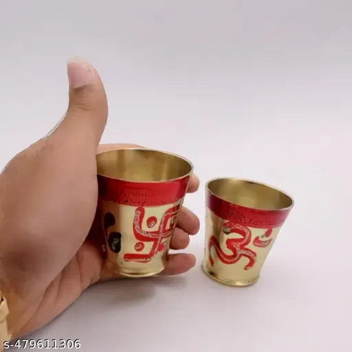 Pooja Brass Glass Set of 2 | Om Swastik Brass Glass | Handmade Brass Glass | Temple Use Brass Glass | Small Peetal brass glass | Ayurvedic Brass Glass set of 2