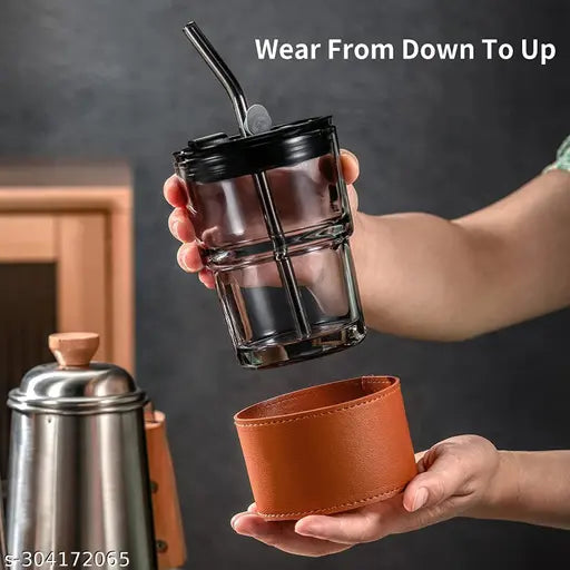 in 1Coffee|| Juice|| Shake Glass with Leather Grip Mason Sipper with Lid and Straw 500 ml,set of 1