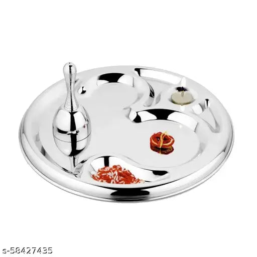 Stainless Steel Om Special Puja Thali Set of 2 Items, Thali with Ring Bell(Ghanti), for Home and Office Temple and Pooja Room, for Diwali, Navratri Poojan/Pooja Room/Diwali Gifting - Silver | Pooja Thali Set | Pooja Thali for Rakhi | Pooja Thali Large