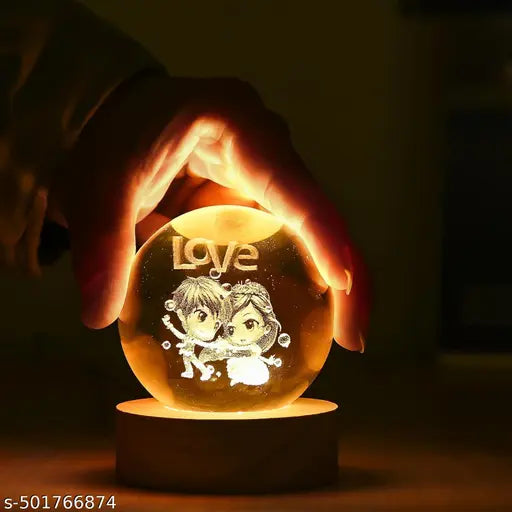 Rolexexplorer 3D Love Crystal' Ball Night lamp | USB Cable LED Wooden Base Crystal' Ball | Home, Office Decorations Birthday Gifts for Friend, Teens, Boys, Girls