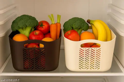 (Pack of 2) Plastic Storage Organizers Without Lid Strong Plastic Material & Side Grip for Home&Office Multipurpose Rectangular Shape Baskets For Fruits, Vegetables,Magazines,Cosmetics,Kitchen Tool (Brown)