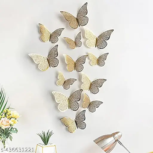 12pcs 3D Metallic Finish Home Decor Butterflys with Sticking Pads - Metallic Butterflys Decorations Party 3D Butterflys Wall Stickers (Golden-Set of 12)