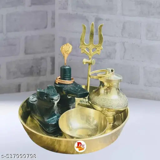DARIDRA BHANJAN Shivling and nandi brass shiv trishul and pooja brass bhog katori with brass thali brass gangajali lota kalash set of 7.