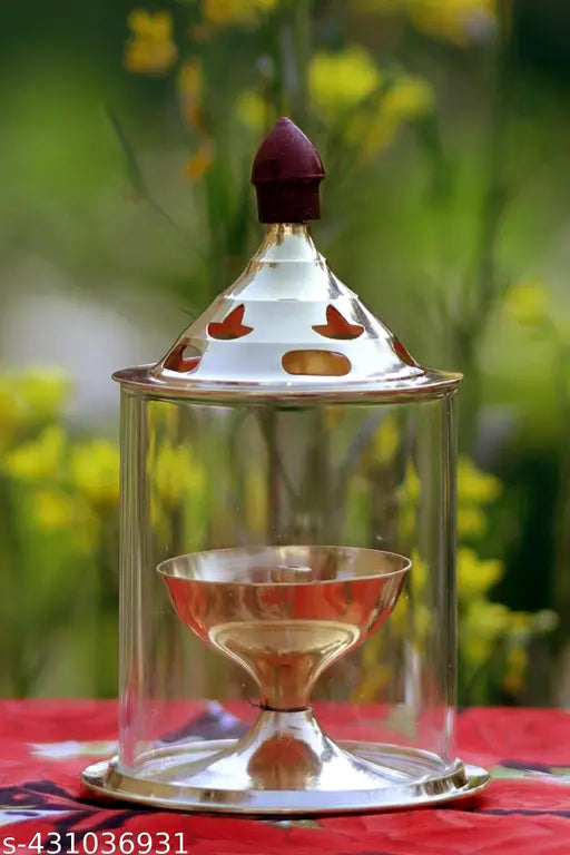 Golden Akhand deep Diya With Cover high quality Brass, Glass Table Diya Pack