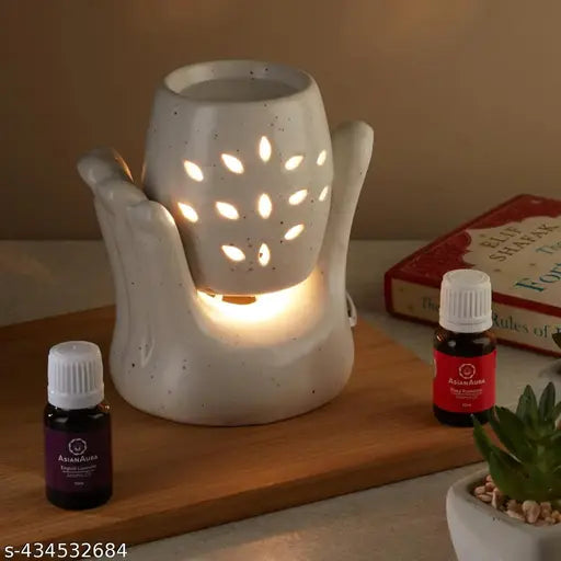 Hand Shape Aroma Diffuser for Home Fragrance| Aroma Burner for Aromatherapy| Home Decor| Aroma Oil Warmer electric Ceramic Diffuser for Room Fragrance (Set of 1, Fragnance-Rosy Romance, English Lavender 10ML Each)