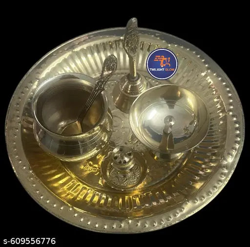 TWILIGHT GLOW Pure Brass Pooja Thali set, Arti Thali Set, 7 items with Om pooja Plate Small Dhoop Stand, Diya (Deepak), ghanti , Kalash lota, spoon, Pooja thali set, Brass Stick Holder bhagwan Puja Thali set, 8inch Om pooja thali set.