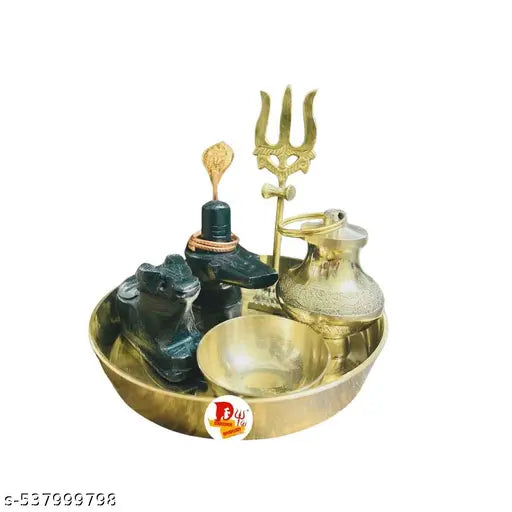 DARIDRA BHANJAN Shivling and nandi brass shiv trishul and pooja brass bhog katori with brass thali brass gangajali lota kalash set of 7.