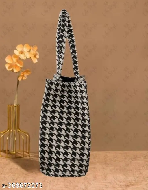 Women Fancy Fabric Handbag (Black, White)