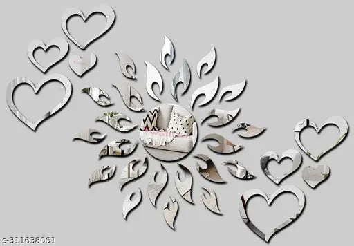 Wall sticker Sun Silver with Love Heart Silver 2 Set (Sun Size 45 cm x 45 cm) Mirror Stickers for Wall.