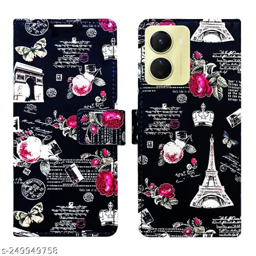 MyFlips Black Tower Flip Cover for Vivo Y16| Leather Finish|Shock Proof|Magnetic Clouser Compatible with Vivo Y16(Black)