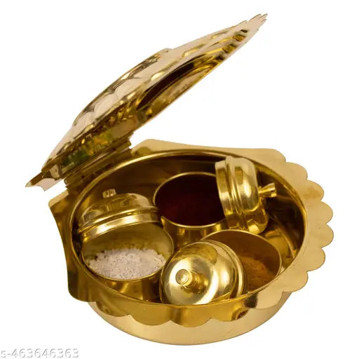 Putrika Traditional Handcrafted Brass Haldi kumkum Chandhan Holder | Peacock Feather Design Bowl with Lid for Pooja | Puja Worship | Navratri Gift| Diwali Gift- 3 Bowl Peacock