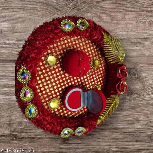 Engagement/Shadi/Nikah/Sagai Ceremony Decorative thali Ring Holder Shagun Plate Wood Decorative Platter (Red)