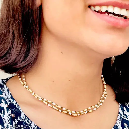 Tulsi Mala For Girls and womens, Two Round, Tulsi Beads and Fancy Golden and White 0 Number Beads, Lenth 34 inch, From Vrindavan