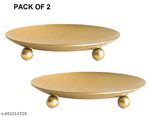 TAJ CREATIVE HANDICRAFTS Tray Pedestal Candle Stand for Pillar Candles, Metal Candle Holders for Dining, Wedding (Pack of 2 Gold) (CANDLE NOT INCLUDED)