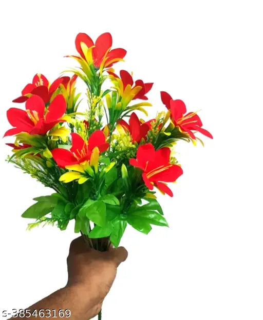 Artificial Flower Red Lily Flower Bunch 7 Sticks For Home Decor (Pack of 2)